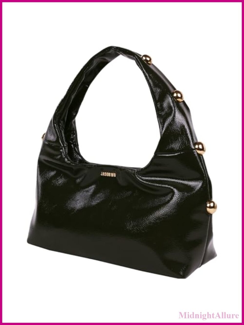 Studded Shoulder Bag Crackled High Gloss Handbag Sculpted Strap Magnetic Snap
